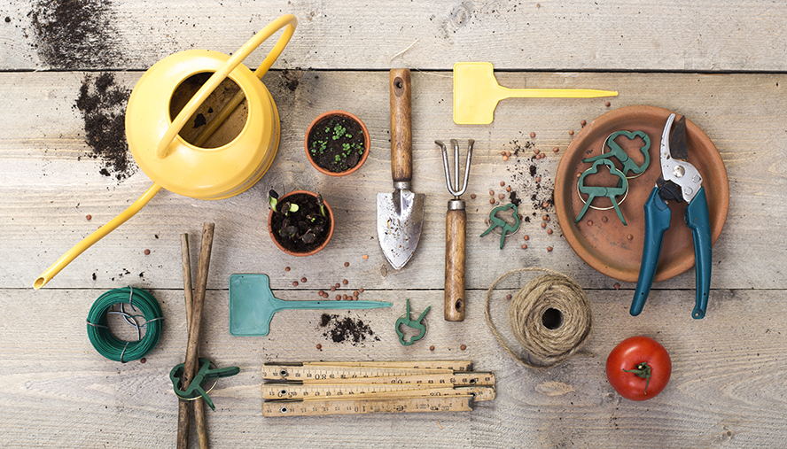 Gardening pots, tools, clippers, and a watering can.